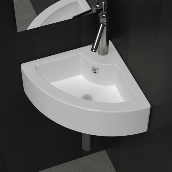 Lavabo à poser - OVONNI - Lave Main Angle Blanc en céramique - Design contemporain - Résistant à la corrosion