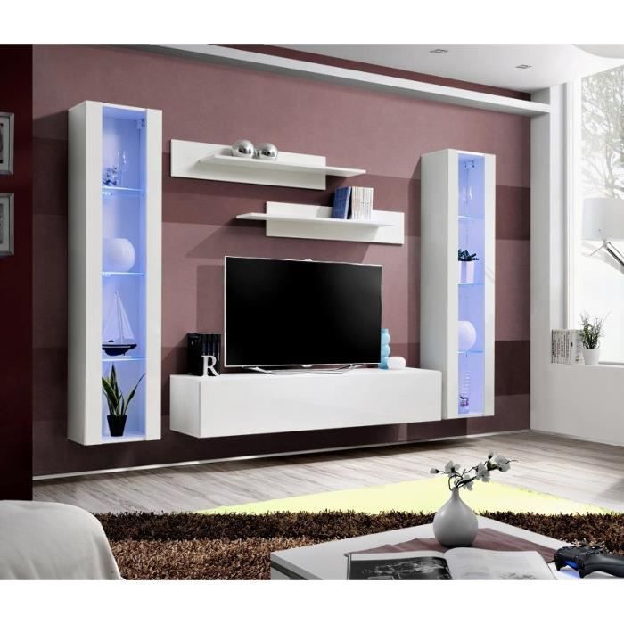 meuble tv mural suspendu fly c4 - price factory - noir et blanc - brillant - 3 portes - 310x190x40 cm