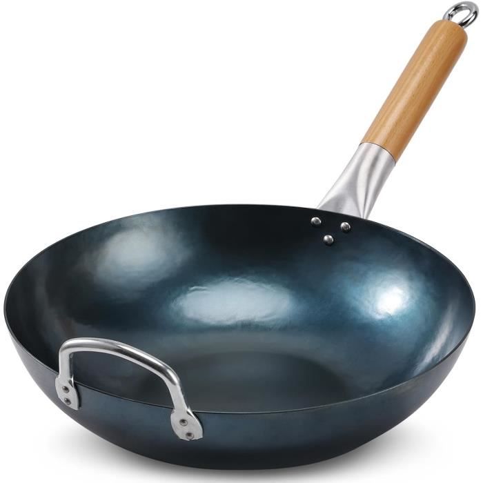 jobin 34 cm-5,2l pré-assaisonnée wok en acier au carbone  martelage traditionnel à la main sans revêtement chimique  fond plat p56