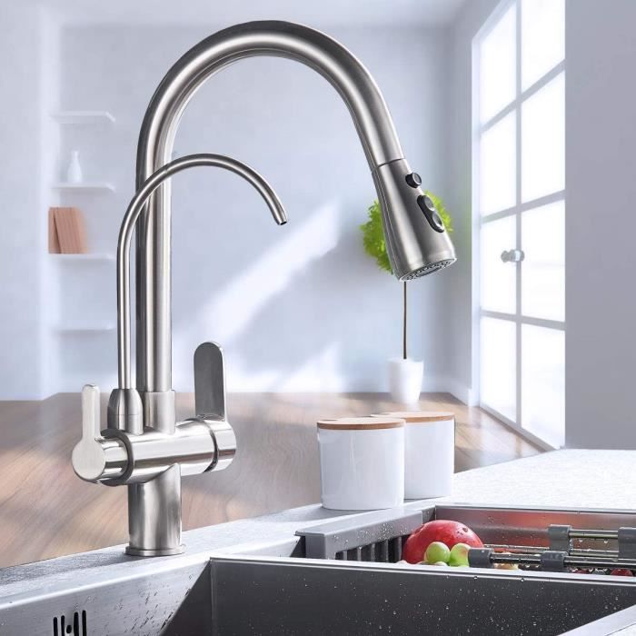 Robinet Cuisine 3 Voies - CREA - Mitigeur Pivotant À 360° - Acier
