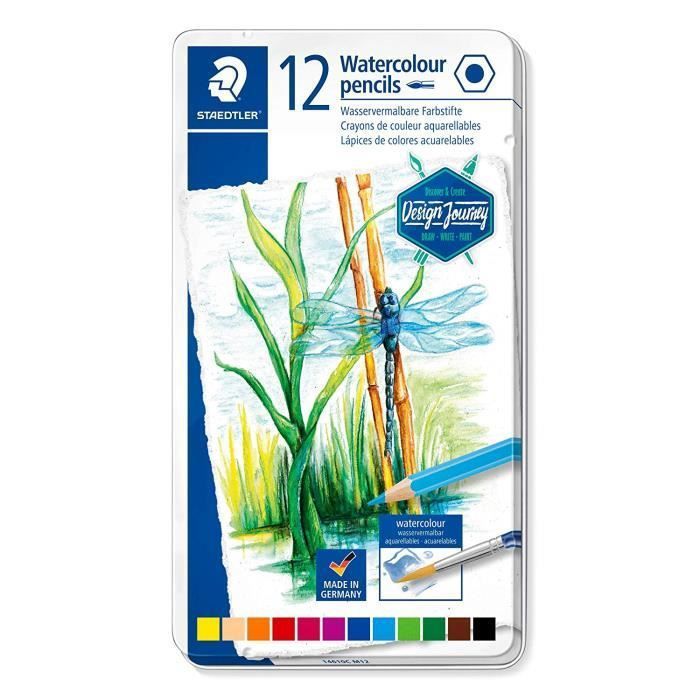 STAEDTLER® 14610C Design Journey - Boîte métal 12 crayons de couleur aquarellables assortis