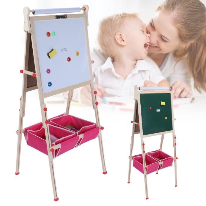 BBV Chevalet en bois pour enfants avec rouleau de papier – Tableau à dessin agnétique double