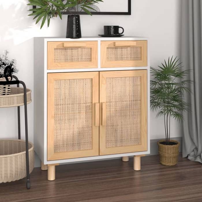 vidaXL Buffet Blanc 60x30x75 cm Bois de pin massif et rotin naturel 345636
