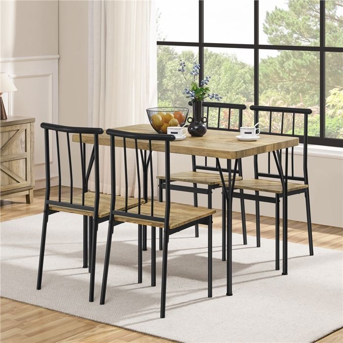Ensemble Table à Manger Carrée 4 Chaises Bois MDF et Métal pour Cuisine Terrasse Balcon et Studio Brun YAHEETECH