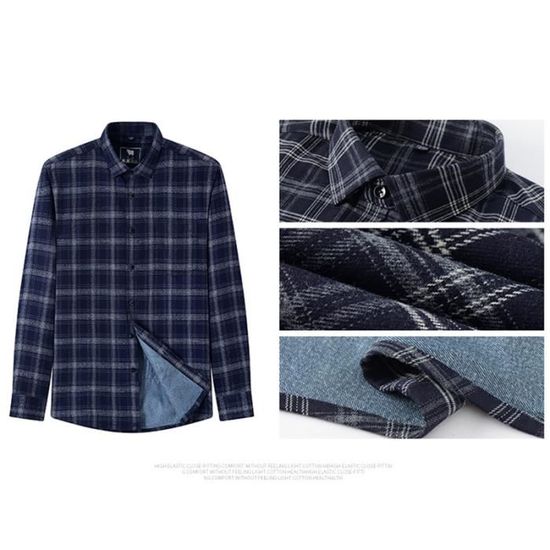 Chemise Hiver Homme Laine Carreaux Doublee Chaude Manches Longues Chemise Epaisse Tissu Confortable Bleu Cdiscount Pret a Porter
