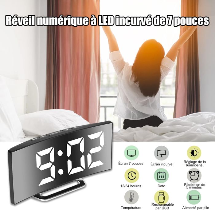 Réveil Numérique, Alarm Réveil LED Avec Fonction Snooze, Luminosité Réglable, Snooze, Commande Vocale, 12/24H, Port USB, Charge Des Ports USB (Noir) | Leroy Merlin