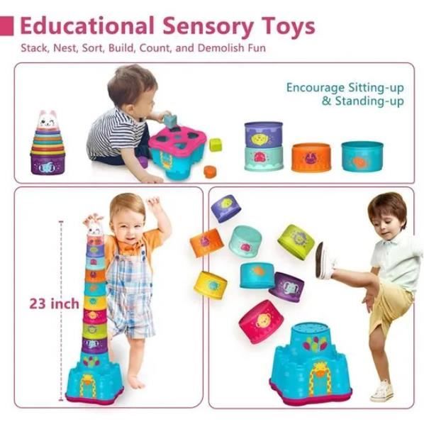 MOONTOY Cubes Empilables Bébé - 19 Pièces, Tour 77cm, Animaux Et Formes Géométriques, éveil 1-3 Ans