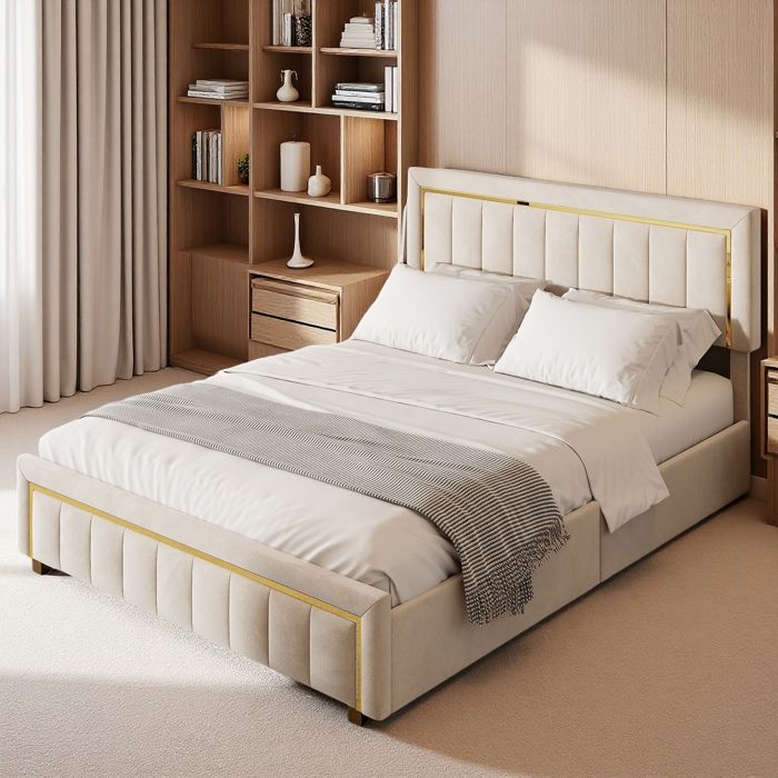 Lit Coffre 160x200 En Tissu Bouclé Beige Avec Tête De Lit + Sommier à Lattes - Ava