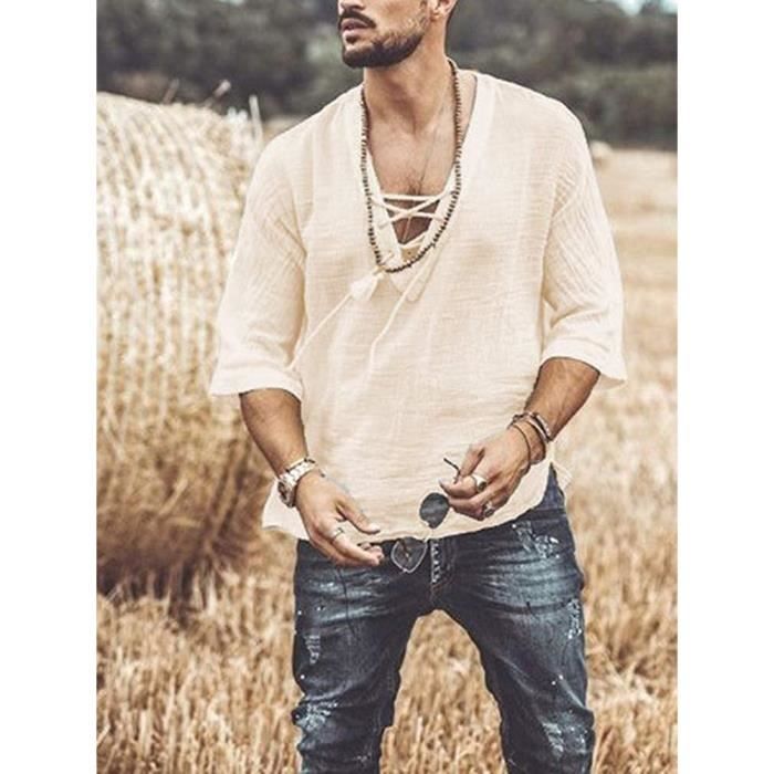 Chemise Homme Slim Fit Manches Longues a Lacets Col en V Abricot Abricot Cdiscount Pret a Porter