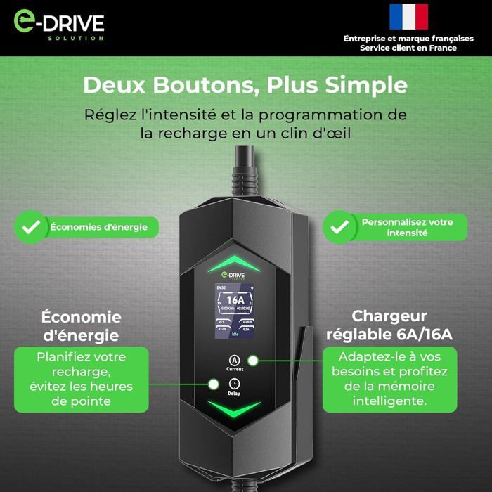 Chargeur De Voiture électrique Portable E-Drive Solution 6-16A Avec écran LCD - Câble Type 2, 6m - Compatible Green'Up, Skudo Et Nombreux VE