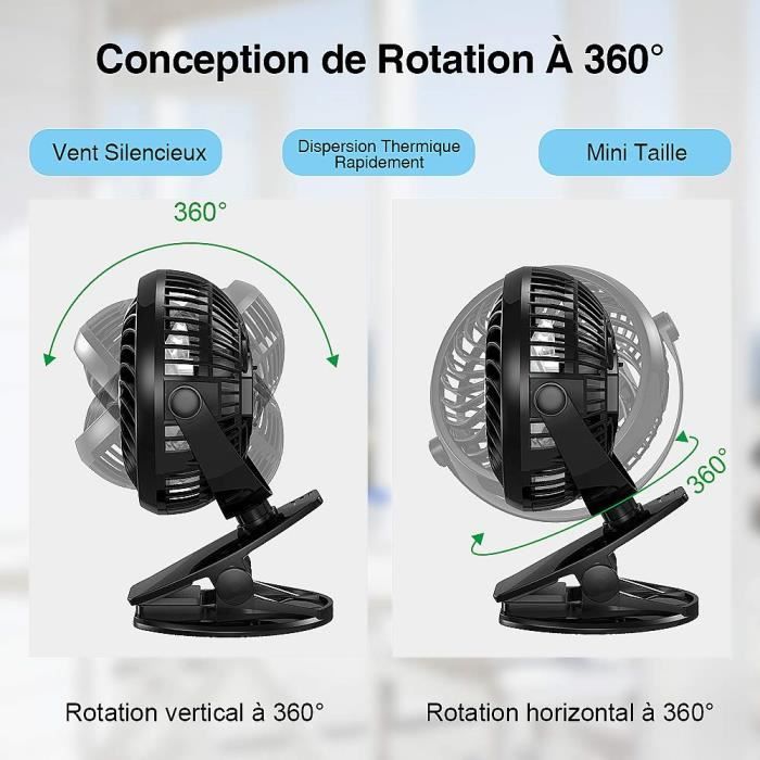 Ventilateur De Bureau Pince USB Silencieux 3 Vitesses - Mini Ventilateur Rotatif 720° Rechargeable Noir