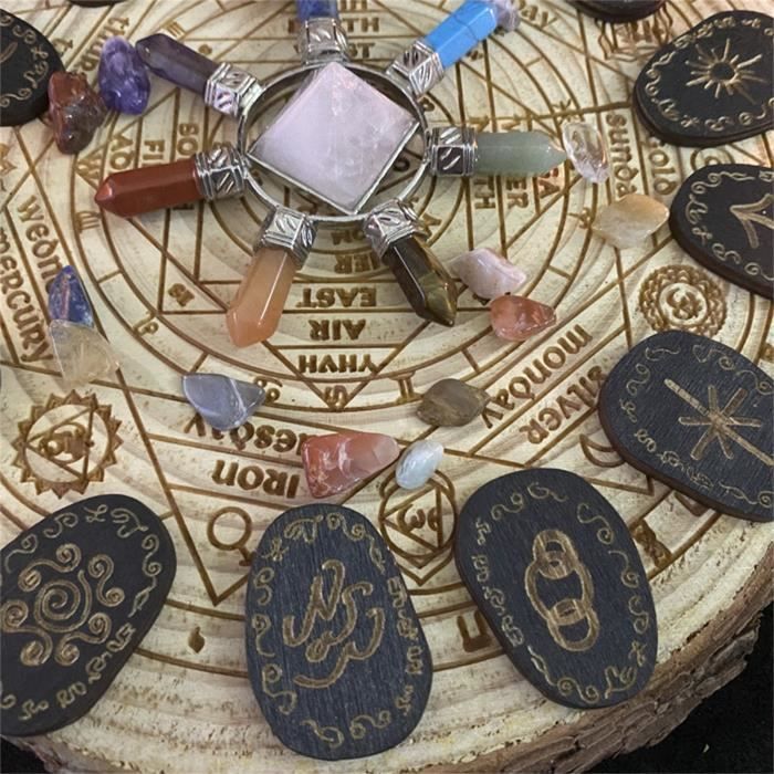 Jeu De 14 Runes En Bois Pour Divination - Set Sorcière Avec Guide Et Sac De Rangement