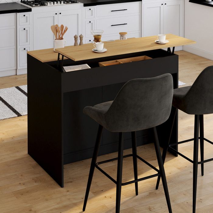 Îlot De Cuisine Central 140 Cm - Bois Noir Avec Plan De Travail Effet Hêtre - Placard Et Niche De Rangement - Pour Cuisine Ouverte