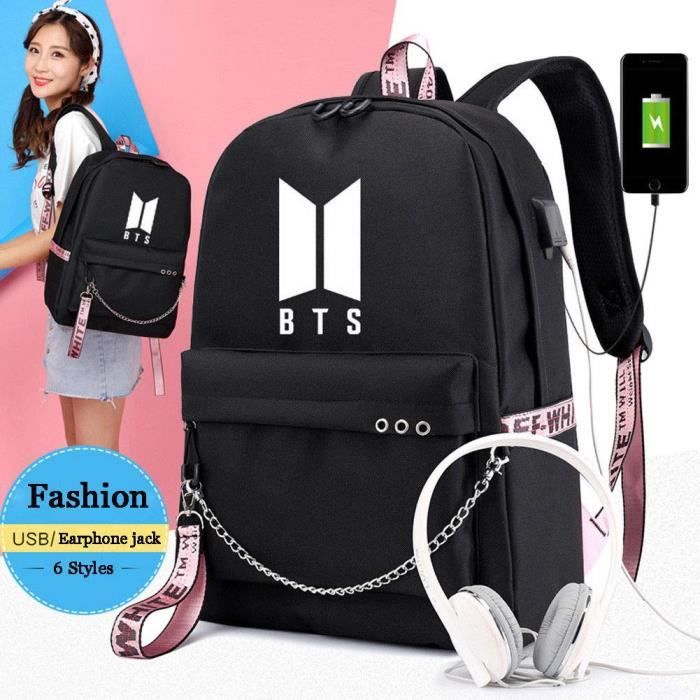 Sac a Dos BTS avec Port de Chargement USB Mode Unisexe Rose Noir Enfant Synthetique Dos BTS