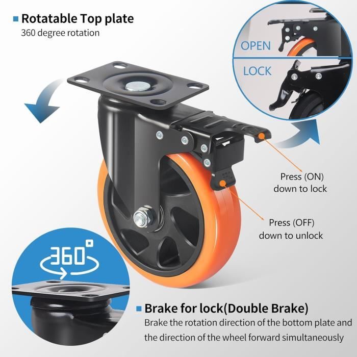 Meditool Lot De 4 Roulettes Pivotantes Avec Frein 75mm - Charge 400kg - Roues Pour Meubles Robustes Rouges