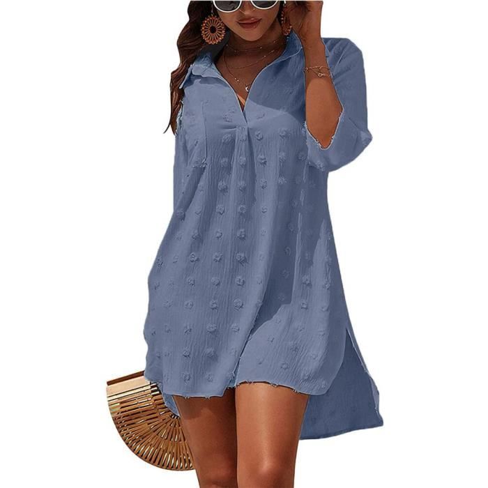Chemise Chemises longues monochromes pour femmes chemisier en mousseline de soie col rabattu jacquard manches 3 4 PK F1397598 Blanc Cdiscount Pret a Porter