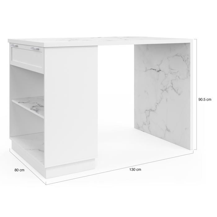 IDMarket Ilot Central Mange Debout VITO 130cm Blanc Effet Béton - Table Bar 4 Personnes Avec Rangements