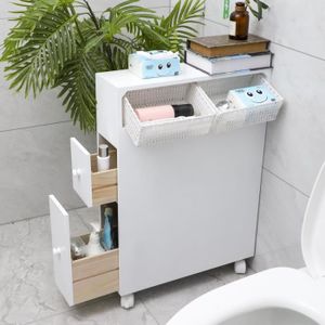 COLONNE - ARMOIRE SDB Colonne MDF mobile avec roues - totu® - Meuble rangement WC - Blanc - Salle de bain