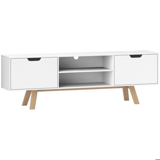 Meuble TV Blanc 140 Cm – KOMFOTTEI Banc TV Moderne Jusqu’à 65 Pouces, 2 Portes + 2 Compartiments Ouverts, Pieds Bois, Style Scandinave Salon Chambre