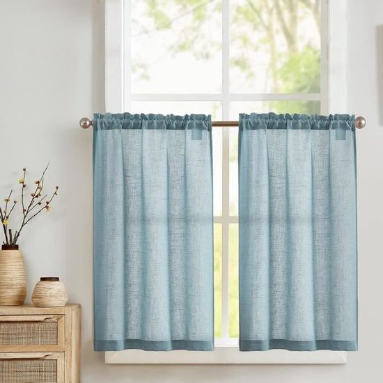 TOPICK - Rideau Brise-bise Court En Lin Avec Motif Papillons | Dimensions 40 X 125 Cm | Volants Décoratifs | Style Campagne | Bleu Sur Beige