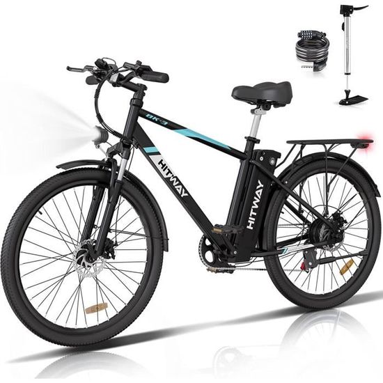 HITWAY Vélo Électrique - E-bike 26" - Charge max 120kg - Shimano 7 Vitesses - Moteur 250W - Batterie Amovible 36V/14Ah - Noir