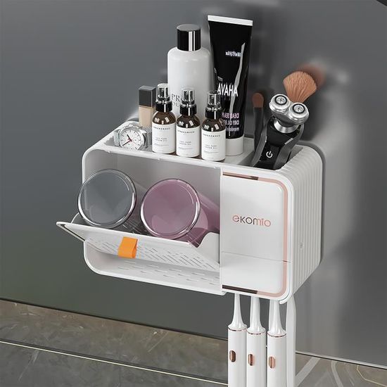 Support Brosse à Dents Mural Avec Distributeur De Dentifrice - 5 Emplacements, Plateau De Rangement - Gris