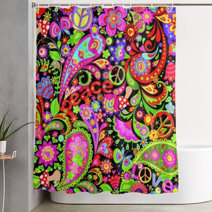 Imperméable Rideau de Douche Motif Hippie Vivid Abstrait Fleurs Colorées Symbole De Paix Champignons Et Amour Paisley