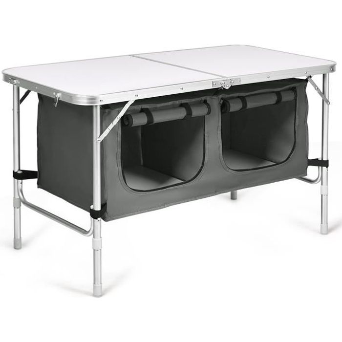 DREAMADE Table Pliante de Camping,Pique-nique,Hauteur Réglable avec 2 Espaces de Rangement, Charge 20KG,6 Places Gris 61x120CM