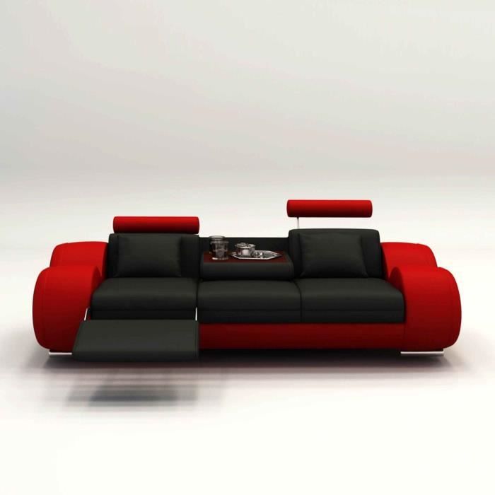Canapé design 3 places cuir noir et rouge + têtières relax OSLO