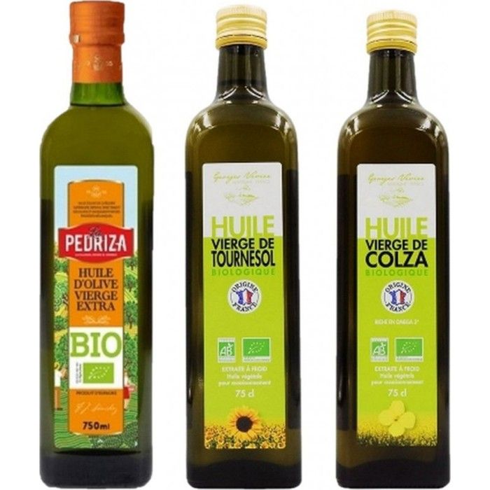 Assortiment d'huiles Bio : tournesol, colza, olive