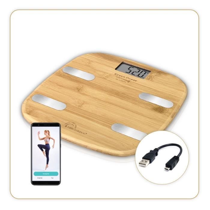 LITTLE BALANCE 8359 Bambou Connect 4 USB, Balance impédancemètre connecté sans pile, Rechargeable USB, 13 indicateurs,150 kg, Bambou
