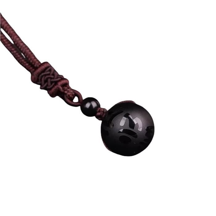 Collier avec pendentif en obsidienne noire avec symboles de protection bouddhiste
