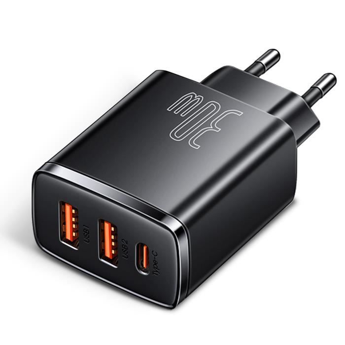 Chargeur USB C 30W Baseus-2 USB+1 Type C Ports-Chargeur Rapide Pour Iphone 13 12 Pro Max Samsung Xiaomi Mi-Noir