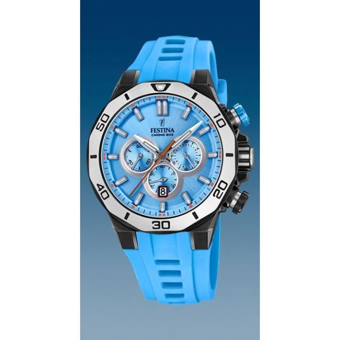 Montre Homme Festina - F20450/6 - Chrono Bike - Dateur - Boite 44mm - Etanche 100m - Garantie 2 ans - Bracelet Silicone bleu ciel et