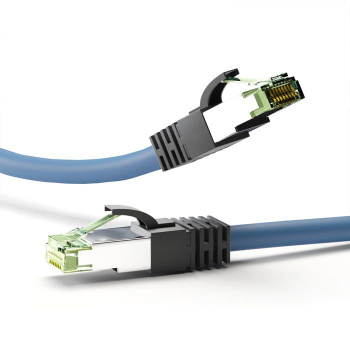 Câble de raccordement réseau Goobay 45659 RJ45 CAT 8.1 S-FTP 1 m bleu sans halogà¨ne, avec cliquet d'encastrement, contacts dorés 1