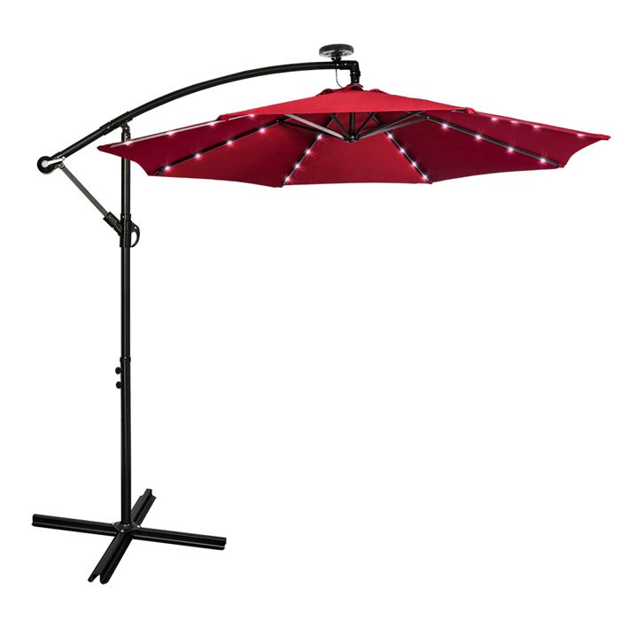 Parasol Déporté avec Manivelle 3M avec éclairage Solaire LED, Étanche Protection UV 50+, Rouge - Mondeer