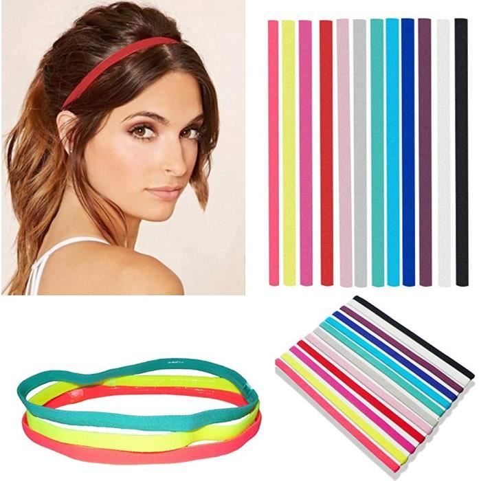 12PCS Bandeaux de sport élastiques minces pour femmes, Bandes de tête de sport à prise en silicone mince, Bande antidérapante pour c