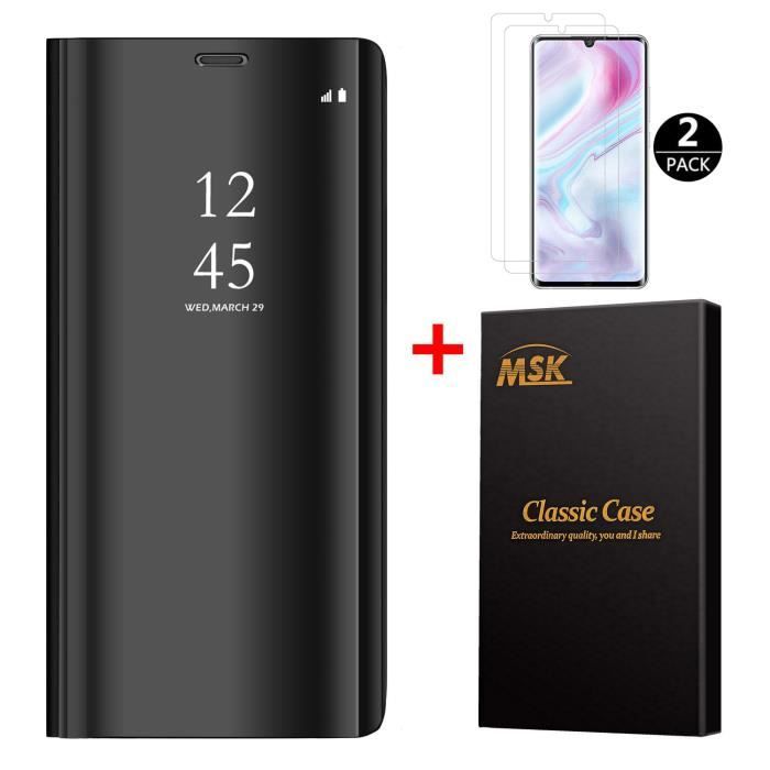Coque Xiaomi Mi Note 10 + [2 Pack] Verre trempé, Miroir Case Avec Stand Flip Protection Pour Xiaomi Mi Note 10 - Noir