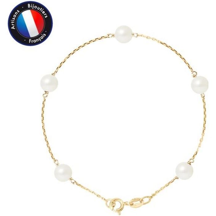 PERLINEA - Bracelet 5 Véritables Perles de Culture d'Eau Douce Rondes 6-7 mm Blanc Naturel - Or Jaune - Bijoux Femme