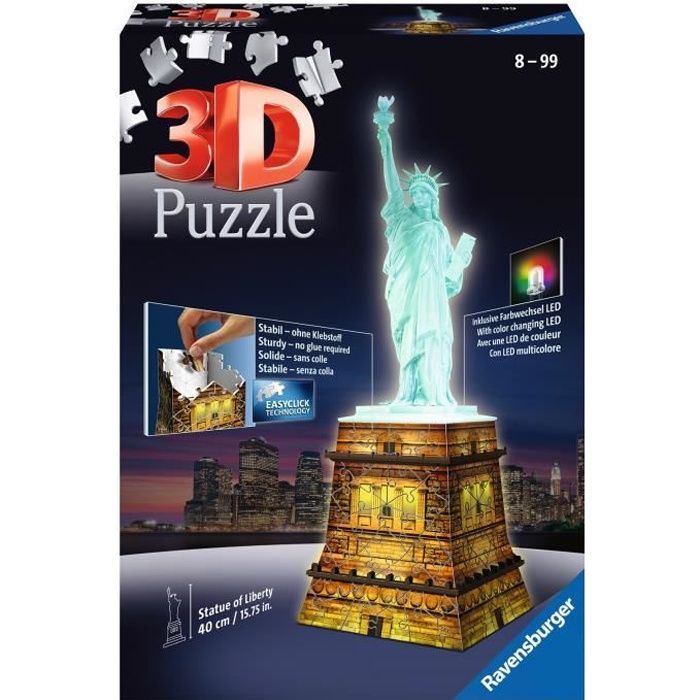 Puzzle 3D Statue de la Liberté illuminée - Ravensburger - Monument 108 pièces - sans colle - avec LEDS couleur - Dès 8 ans