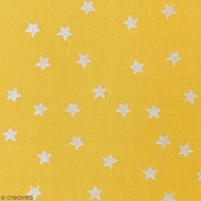 Tissu Rico - Etoiles argentées - Fond moutarde - Coton - Par 10 cm (sur mesure)