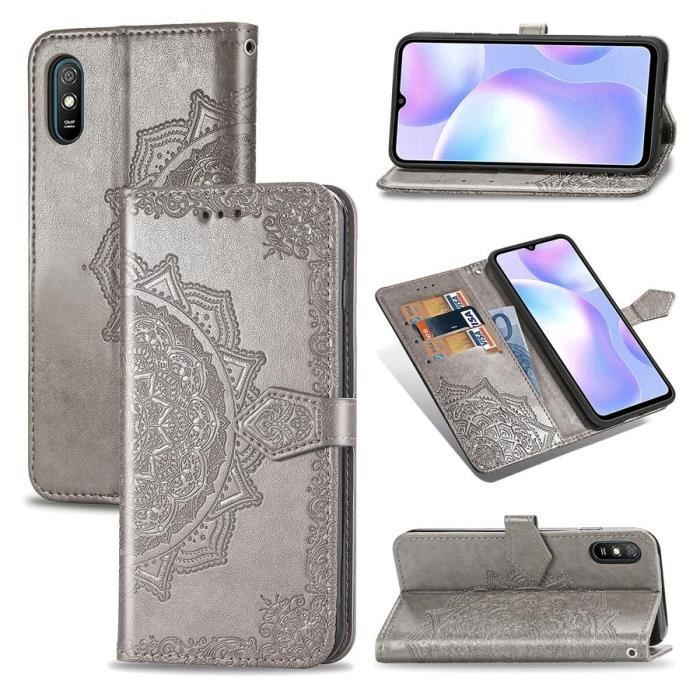 Étui Xiaomi Redmi 9A, Coque Mandala Portefeuille Porte-Cartes Cuir Support Housse Protection, Gris