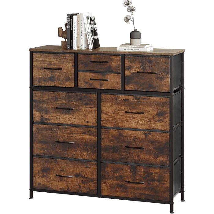 WOLTU Commode, Meuble de Rangement avec 5 Tiroirs en Tissu, Armoire en MDF Cadre en métal, 45x30x95cm, Marron Rustique W0ITT0092 - Maison