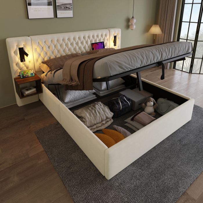 Ensemble de chambre à coucher - MUVOE - Lit 160x200 cm - 2 tables de chevet - USB - Vintage beige