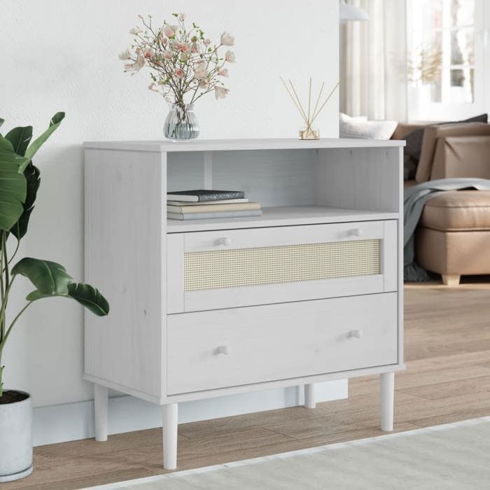 SALE 2025Meuble bas bahut vaisselier - Buffet SENJA aspect rotin blanc 80x40x80 cm - Bois massif de pin 19 1 Kg 6998