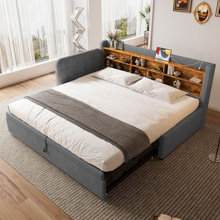 Canapé-Lit 90*200 cm (180x200 cm) avec Lit Gigogne lit 2 personnes avec USB + Type-C Lit 2 Personnes en Linen Gric