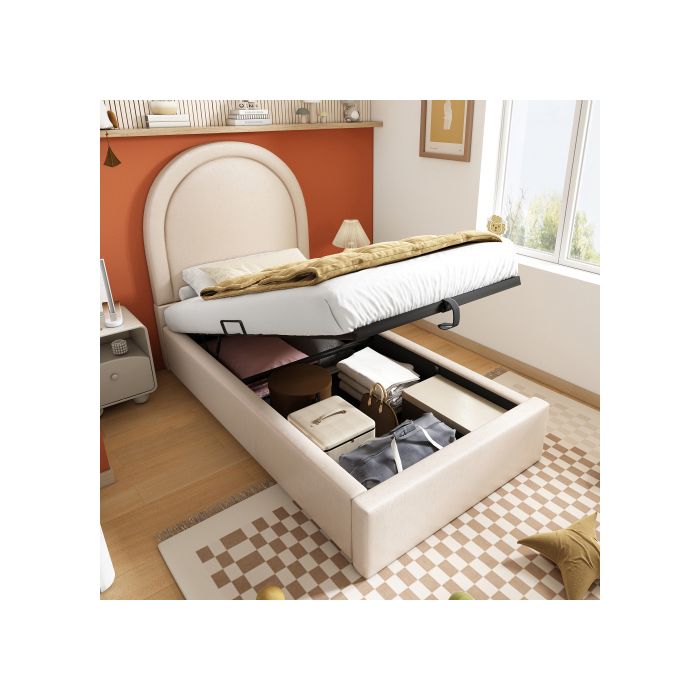 Lit coffre enfant - SOGEU - 90x200 - PU beige - Sommier coffre hydraulique - Structure bois & métal