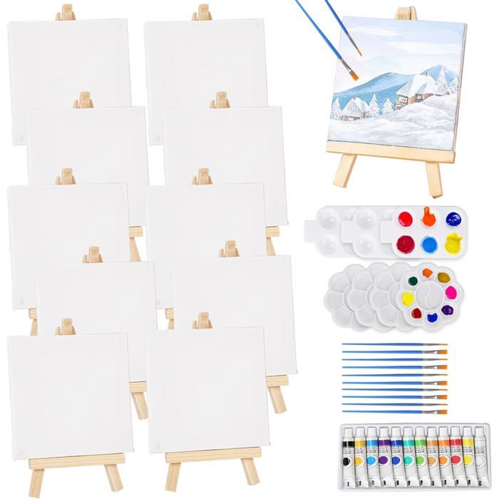Kit Peinture 78 Pièces – 6 Chevalets Bois + 6 Toiles 25x20cm + 60 Pinceaux + Palettes, Pour Ateliers