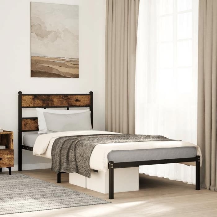 Structure de lit en métal - UU - 100x200 cm - Chêne fumé - Fer et bois dingénierie - Tête de lit - Espace de rangement
