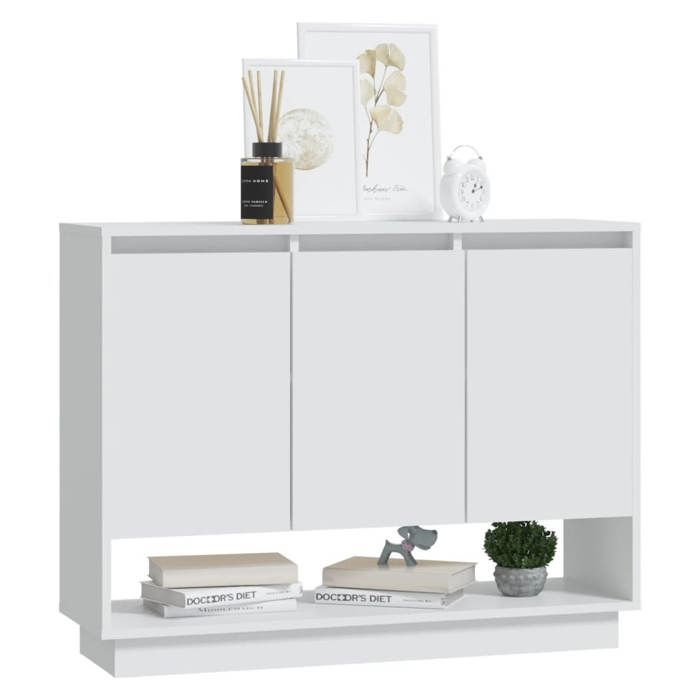 Buffet en bois dingénierie - WIENS - Blanc - 97x31x75 cm - 3 portes - Compartiment inférieur ouvert - Assemblage requis